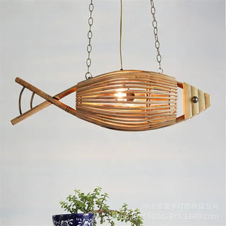 Bamboo fish pendant lamp close-up — natural playful ceiling fixture