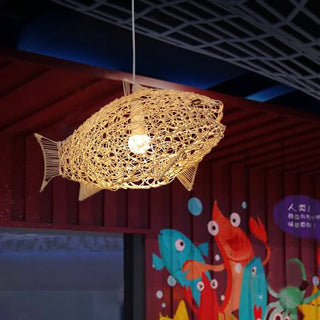 Bamboo fish-shaped pendant light for bedroom — playful ceiling lamp