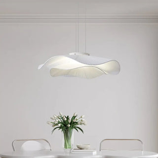 Modern white wavy pendant light close-up, organic design hanging ceiling lamp