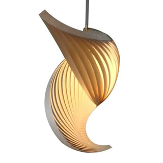 Twisted wooden pendant light close-up, handcrafted organic hanging ceiling lamp