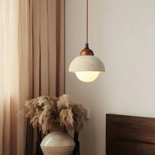 Wood and amber glass pendant lamp with travertine accent — modern fixture