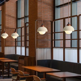 Wood pendant with amber glass shade — designer natural ceiling fixture