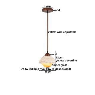 Natural wood pendant with amber glass — contemporary interior ceiling lamp