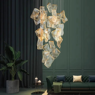 Glass cascade pendant lamp, sculptural waterfall hanging ceiling light for staircase