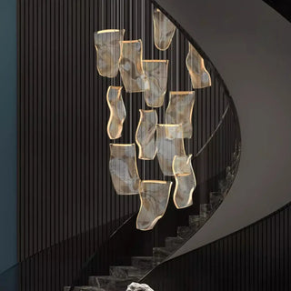 Waterfall pendant ceiling fixture with glass cascade, sculptural elegant hanging lamp