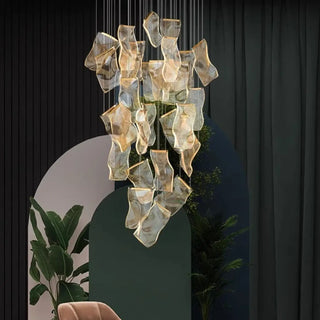 Sculptural waterfall glass pendant lamp, elegant hanging ceiling light for staircase