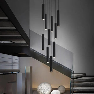 Cylinder pendant light for stairs, modern black waterfall ceiling fixture