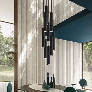 Contemporary black cylinder pendant light, waterfall stairs ceiling fixture