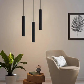 Black cylinder pendant light, modern waterfall design for stairs ceiling