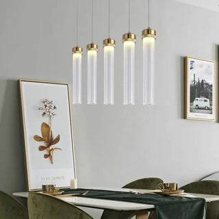 Gold cylindrical ribbed glass pendant lamp, matte gold hanging ceiling light