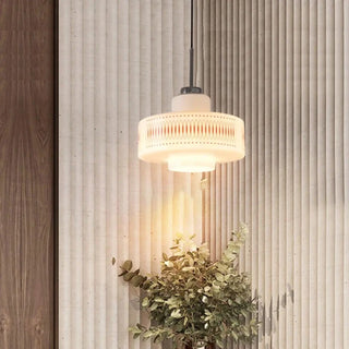 Vintage cream cylindrical pendant lamp, fabric shade hanging light for soft ambiance