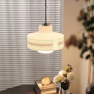 Modern cylindrical pendant lamp with cream fabric shade, designer hanging ceiling light