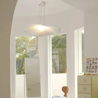 White fabric pendant light, modern metal frame, soft ceiling fixture