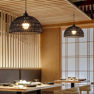 Bohemian brown woven fiber pendant light, cozy rustic hanging ceiling lamp