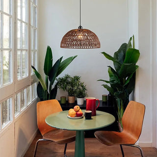 Rustic bohemian woven pendant ceiling fixture, brown fiber hanging lamp