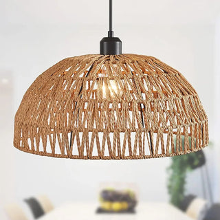 Woven brown fiber pendant ceiling lamp, bohemian rustic hanging light fixture