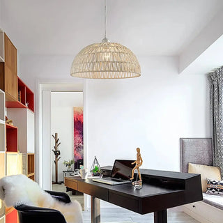 Brown woven fiber pendant lamp, bohemian rustic hanging ceiling light for living room