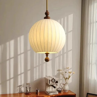 Fabric-wrapped wood ball pendant light in white, vintage hanging ceiling lamp for bedroom