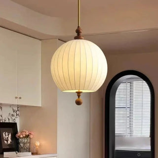 Vintage white fabric and wood ball pendant lamp, soft ambient hanging ceiling light