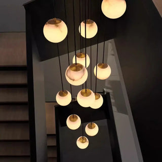 Brass finish marbled glass pendant lamp, double ball ceiling hanging light