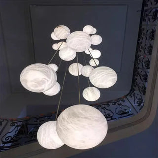Designer marbled glass pendant, double ball luxury brass ceiling fixture