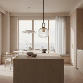 Ribbed glass pendant illuminated — designer elegant ceiling fixture