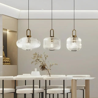 Ribbed glass designer pendant lamp detail — chic contemporary ceiling light