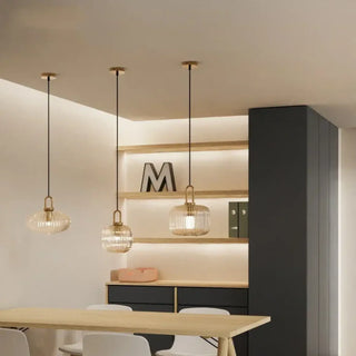 contemporary ribbed glass pendant light — chic designer hanging lamp front view