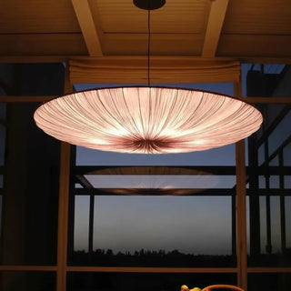 Giant disc pendant light with beige fabric, modern hanging ceiling lamp for living room