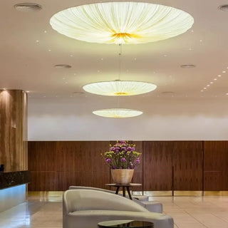 Beige fabric disc pendant lamp, modern giant hanging ceiling light