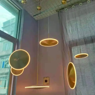 Modern gold pendant light, luminous disc designer ceiling fixture