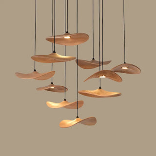 Modern wood effect LED pendant, warm ambient suspension ceiling fixture
