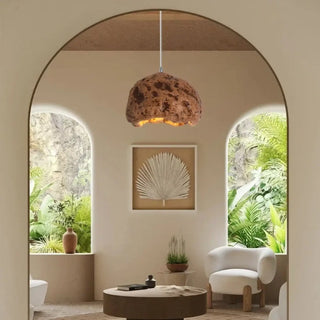 Warm glow raw rock pendant light, designer cozy living room ceiling fixture