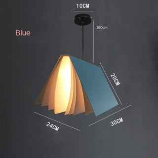 Designer book pendant lamp detail — colorful modern ceiling fixture