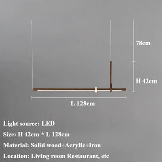 Modern linear pendant light, solid wood frame LED ceiling fixture