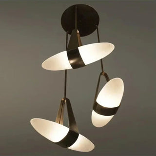 Designer minimalist leather glass pendant ceiling fixture, hanging lamp with LED glow