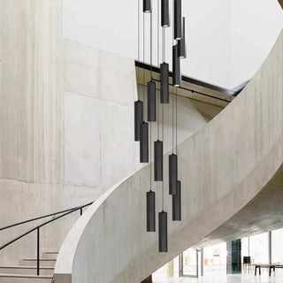 Multiple black tube pendant light close-up, modern elegant hanging ceiling lamp