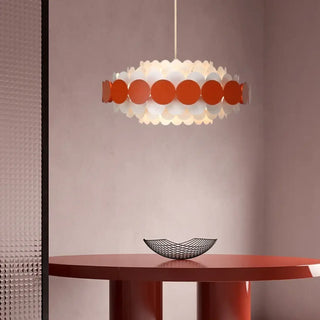 Modern metal discs pendant light close-up, elegant designer hanging ceiling lamp