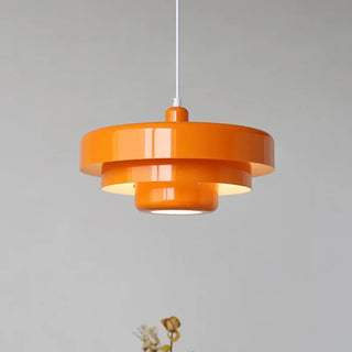 Scandinavian pendant lamp close-up, bright colored modern ceiling fixture for dining room
