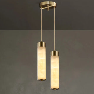 Marble pendant light illuminated — luxury soft ambient ceiling lamp