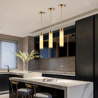 Marble pendant lamp detail — designer stone-effect ceiling fixture