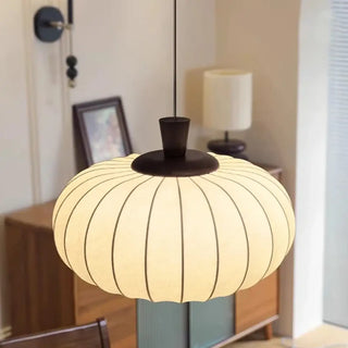 Designer ribbed pendant light, fabric wood accent modern ceiling lamp