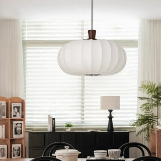 Modern ribbed fabric pendant light, wood accent ceiling hanging fixture