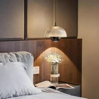 Designer hanging lamp with ribbed glass shade, modern metal pendant ceiling light fixture