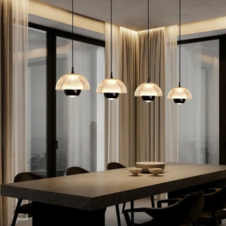 Designer ribbed glass and metal pendant lamp, hanging ceiling light for modern dining room