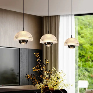 Ribbed glass pendant light with metal accent, contemporary hanging ceiling fixture