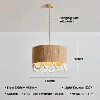 Bohemian eco hemp pendant, wooden beads natural ceiling hanging light