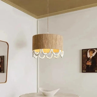 Natural hemp pendant light, wooden beads bohemian eco ceiling fixture