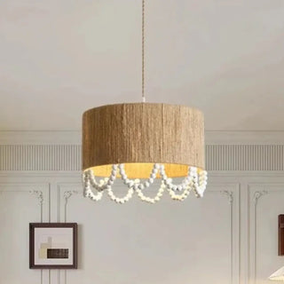 Natural eco pendant light, hemp wooden beads bohemian ceiling lamp