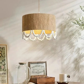 Hemp pendant lamp, wooden beads bohemian eco ceiling hanging light